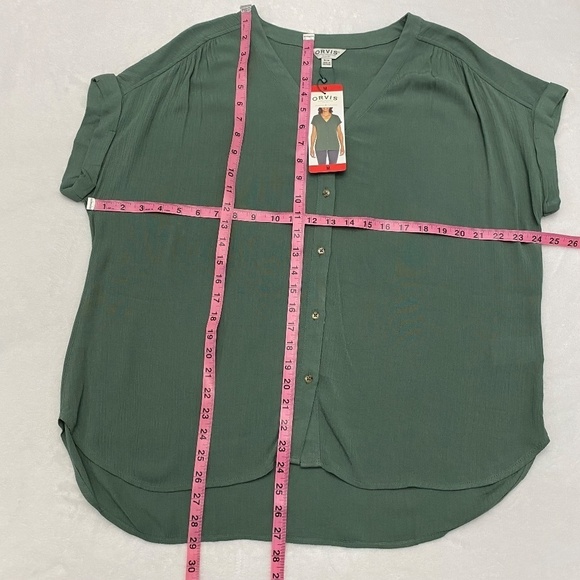 Orvis Blouse V-Neck, Button Front, Dolman Sleeve, Green, Crepe, Medium NWT - Picture 10 of 13